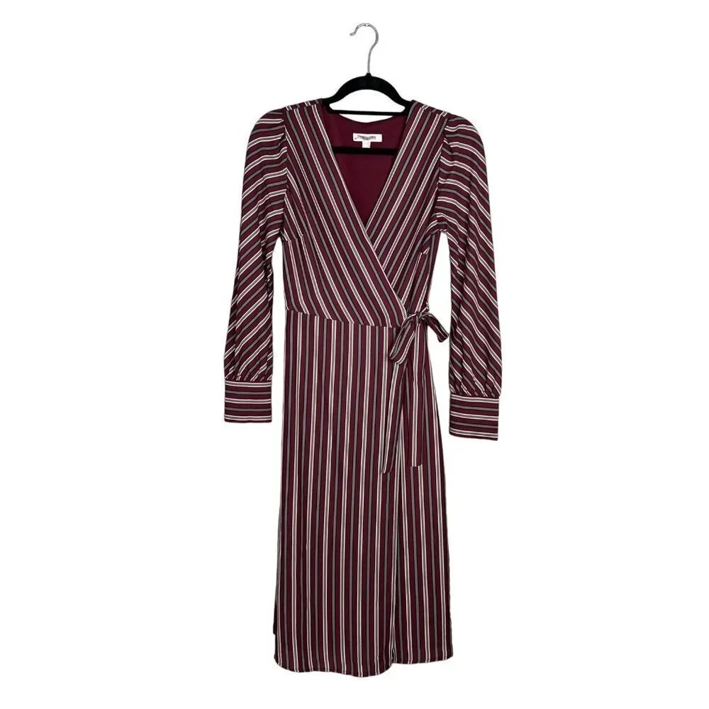 NWOT Chelsea28 Long Sleeve Striped‎ Wrap Dress Midi V-Neck Burgandy XS